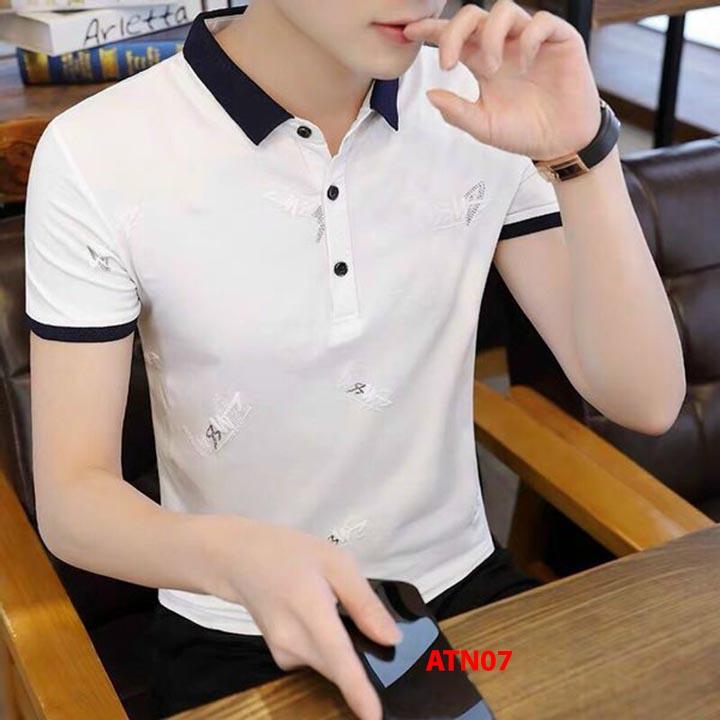Áo phông nam có cổ tay ngắn thêu họa tiết vải thun Cotton co giãn thoáng mát size 40kg đến 85kg ATN003