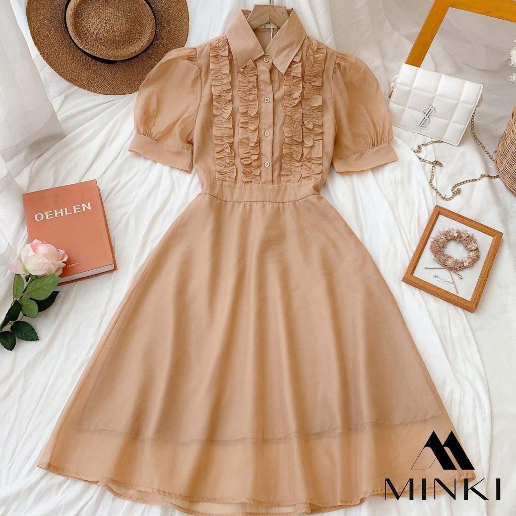 ĐẦM SƠ MI TAY BỒNG DỊU DÀNG - CHẤT LIỆU VOAN TƠ CAO CẤP - MÀU HỒNG/ NUDE