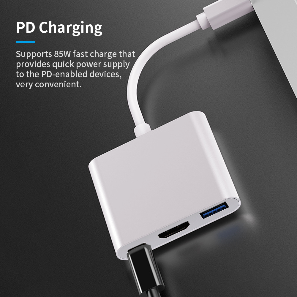 Bộ Chuyển Đổi 3 Trong 1 Loại C Sang USB 3.0 + HDMI + Bộ Chuyển Đổi Bộ Chia Pd Hub Đa Chức Năng Loại C, Màu Bạc