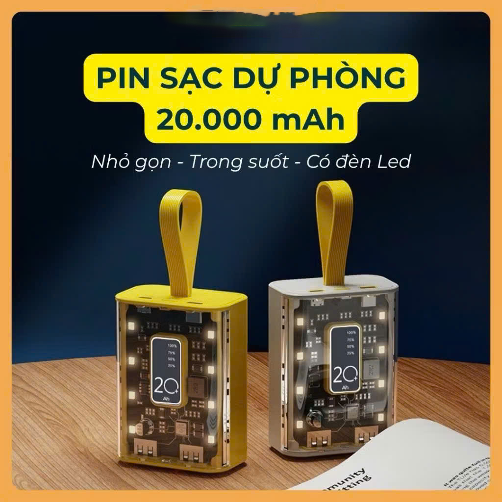 Sạc Dự Phòng 20000mAh Dung Lượng Pin Lớn Vỏ Trong Suốt Tích Hợp Dây Sạc Nhanh Cho Nhiều Thiết Bị có đèn báo, phát sáng - HÀNG CHÍNH HÃNG