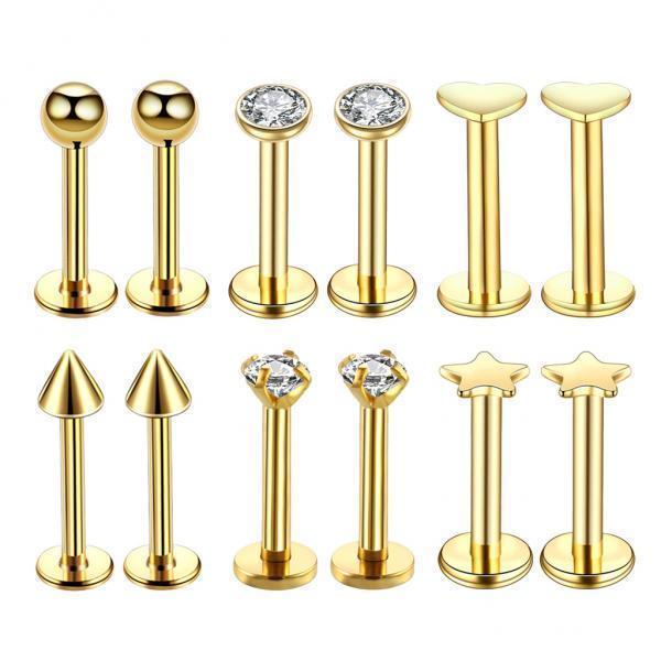 2-7pack 16G Steel Lip Bar Labret Lip Rings Tragus Stud Piercing Jewelry Golden