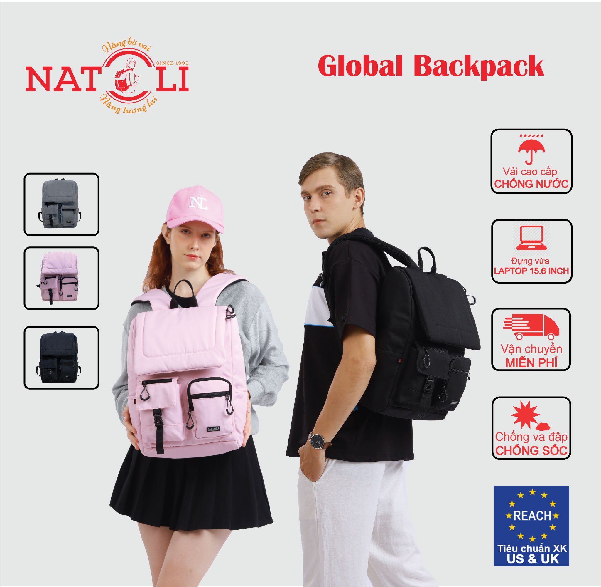 Balo đi học du lịch unisex Global Backpack B8 chính hãng NATOLI chất vải canvas kháng nước nhiều ngăn basic cao cấp