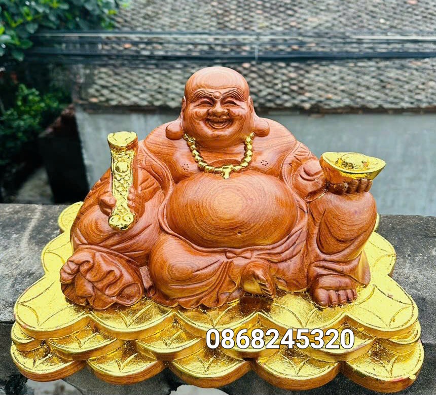Tượng phật di lặc ngồi đế tiền bằng gỗ hương đá kt 50×28×30cm