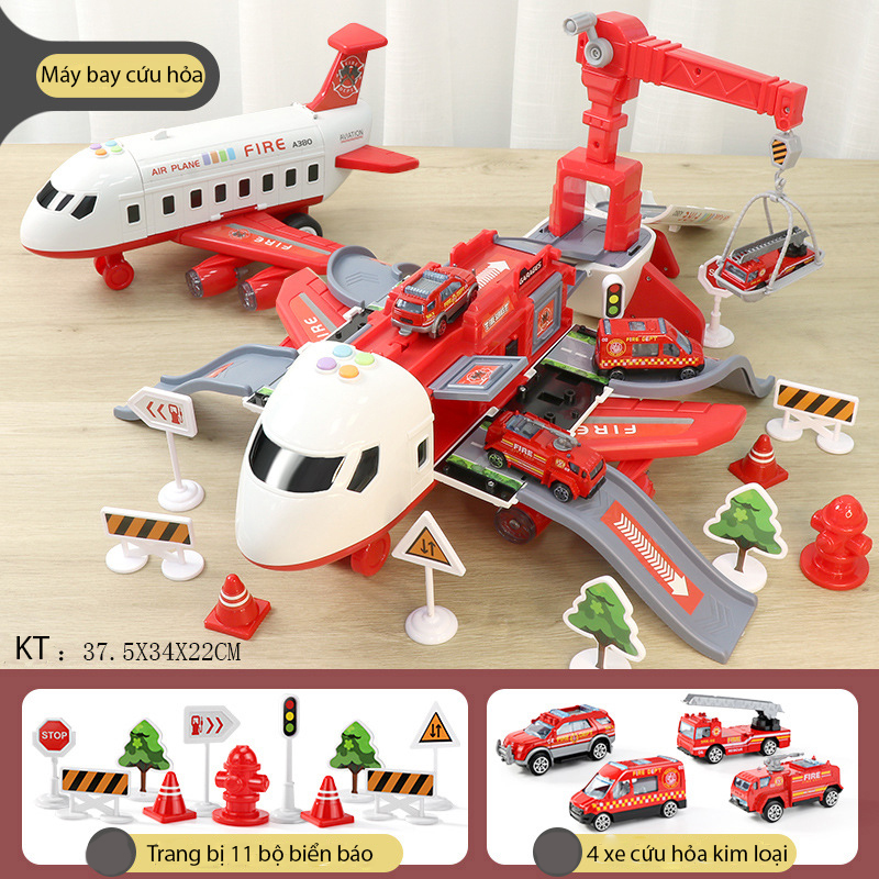 Bộ đồ chơi máy bay có nhạc và đèn KAVY  NO.8808 chủ đề cứu hỏa kèm thang trượt, giàn cẩu, 4 xe cứu hỏa kim loại - màu đỏ