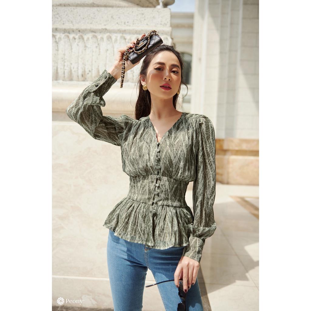 Áo sơ mi nữ dáng peplum trendy, họa tiết sành điệu, eo chun thoải mái Peony -BLUEBELL TOP