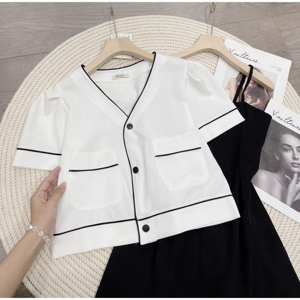 Set 2 món váy 2 dây và áo khoác ngoài váy 2s đen xòe mix áo khoác viền đen cúc cộc tay