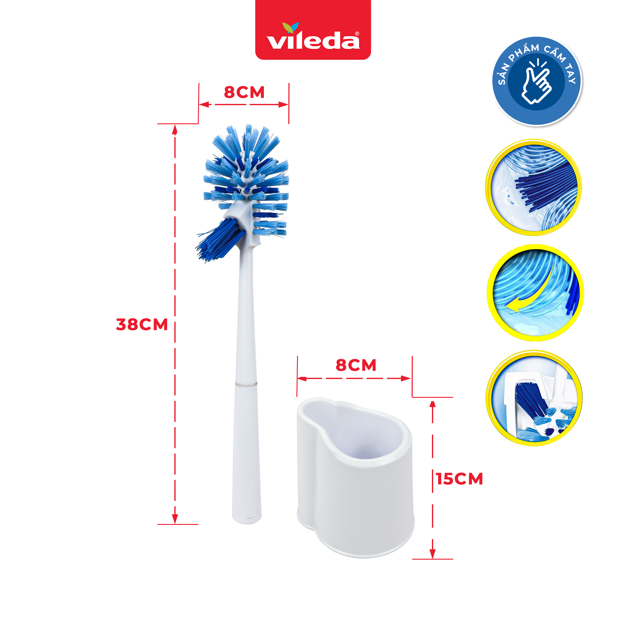 Bàn chải cọ toilet VIELDA Power Brush kèm khay đựng, đầu lông cọ bền, cứng, thiết kế 2 đầu cọ tiện dụng - TSU156132