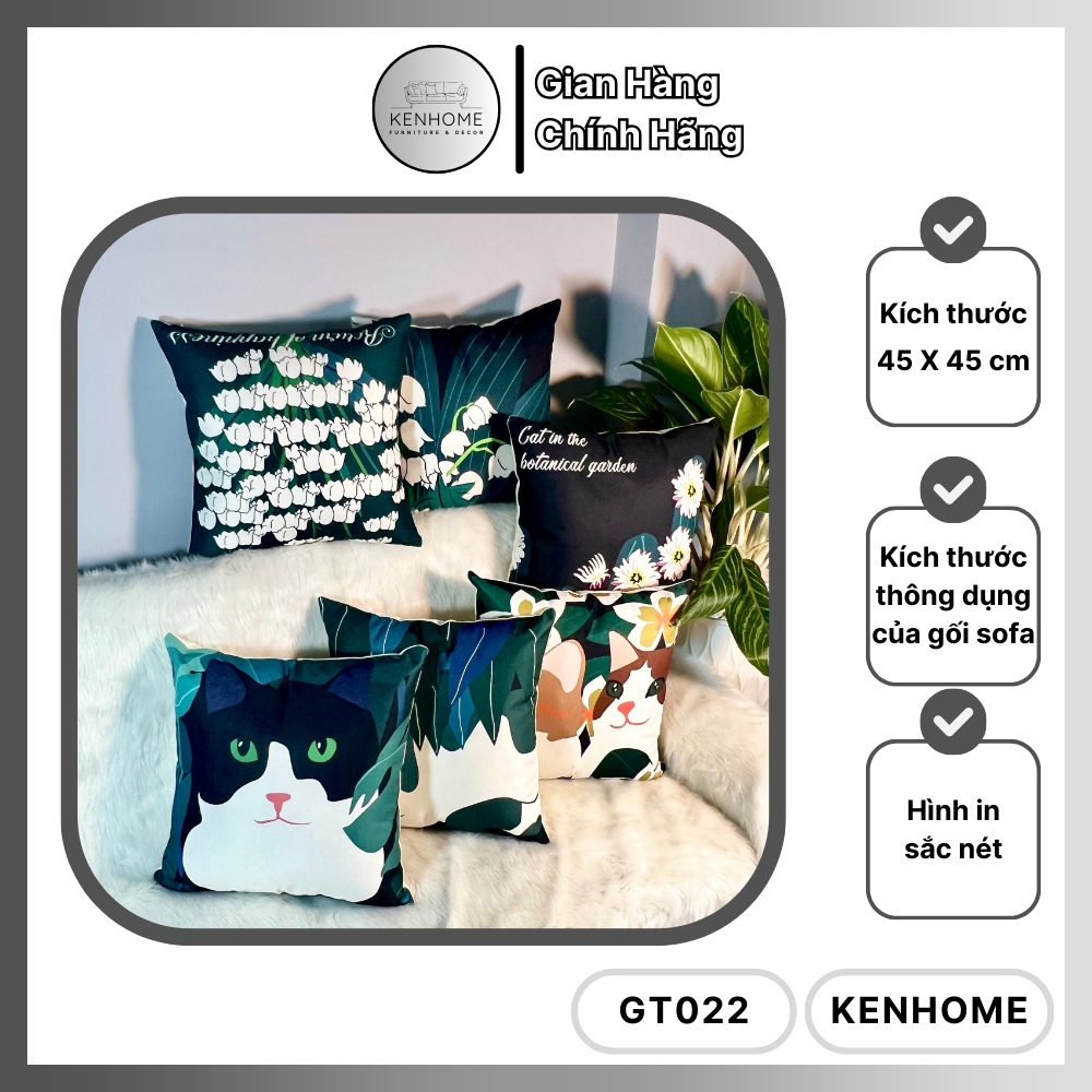 Gối Sofa Họa Tiết Hoa TuLip và Mèo - Gối Tựa Lưng Sofa Nhã Nhặn Cho Phòng Khách, Khách Sạn - Vải Bố Cao Cấp - Kích Thước 45x45cm