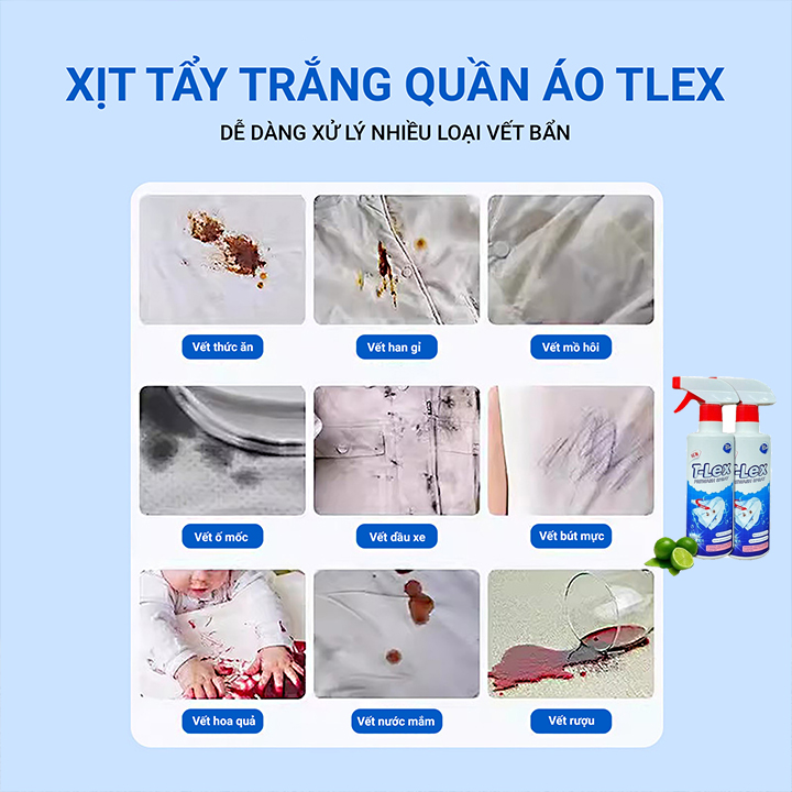 Chai Tẩy Trắng Quần Áo T-LEX 500ml, Tẩy Mốc, Ố Vàng, Không Phai Màu - Dùng Cả Vải Trắng, Màu