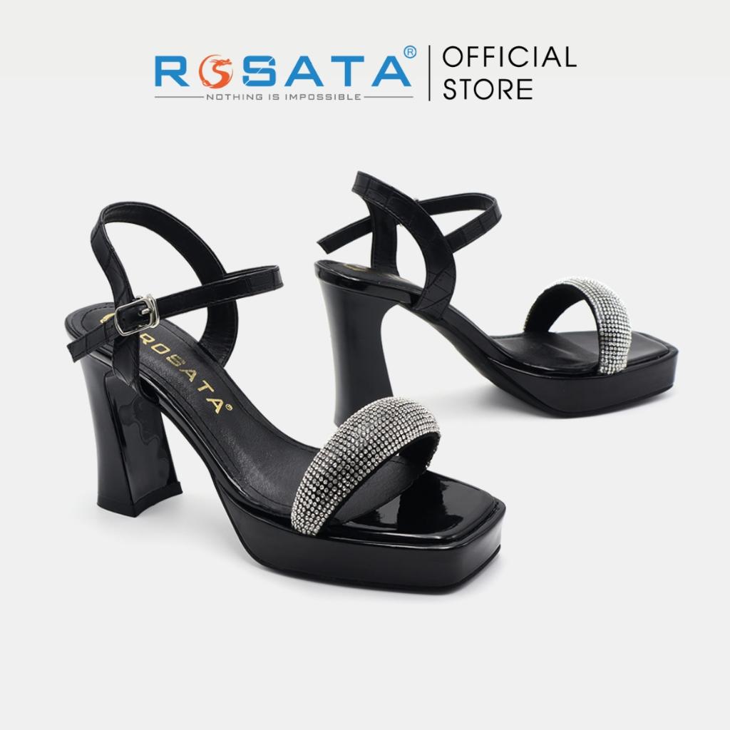 Giày sandal cao gót nữ đế vuông 8 phân mũi tròn phối kim tuyến quai hậu cài khóa mảnh ROSATA RO475 ( Bảo Hành 12 Tháng ) - XÁM