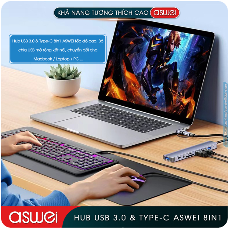 Hub Chuyển Đổi USB Type C ASWEI 8 in 1 To USB 3.0, SD, TF, USB C, Audio 3.5mm - Hàng Chính Hãng