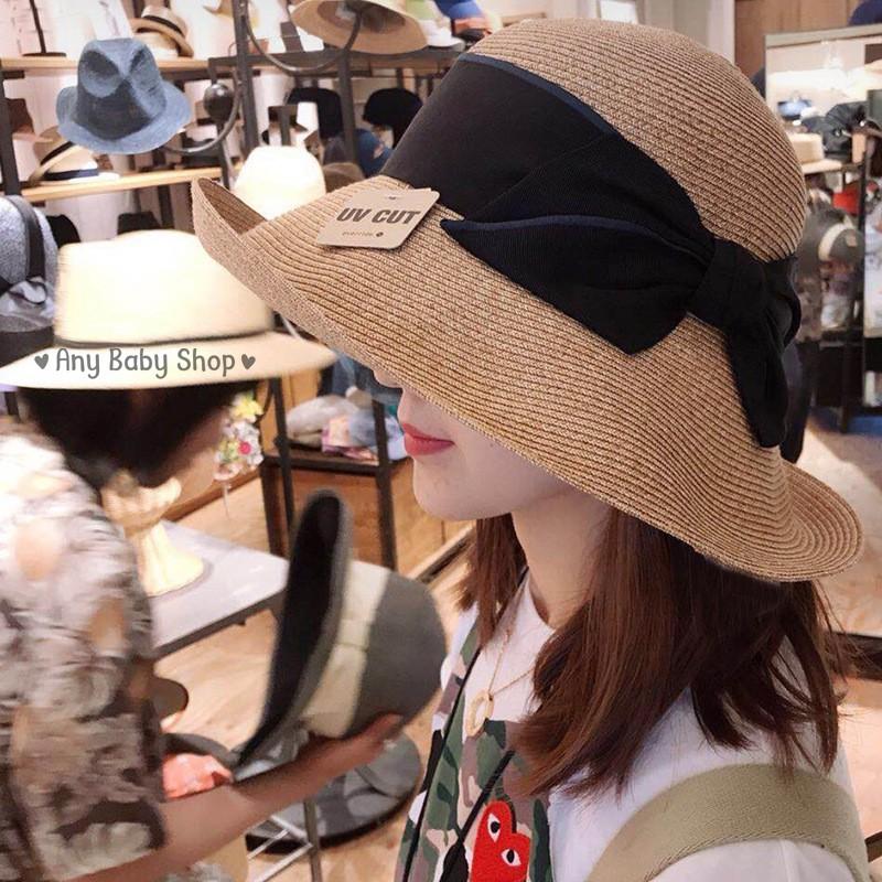 Mũ cói đi chơi, đi biển nơ đen 2 màu sang chảnh- gấp gọn được