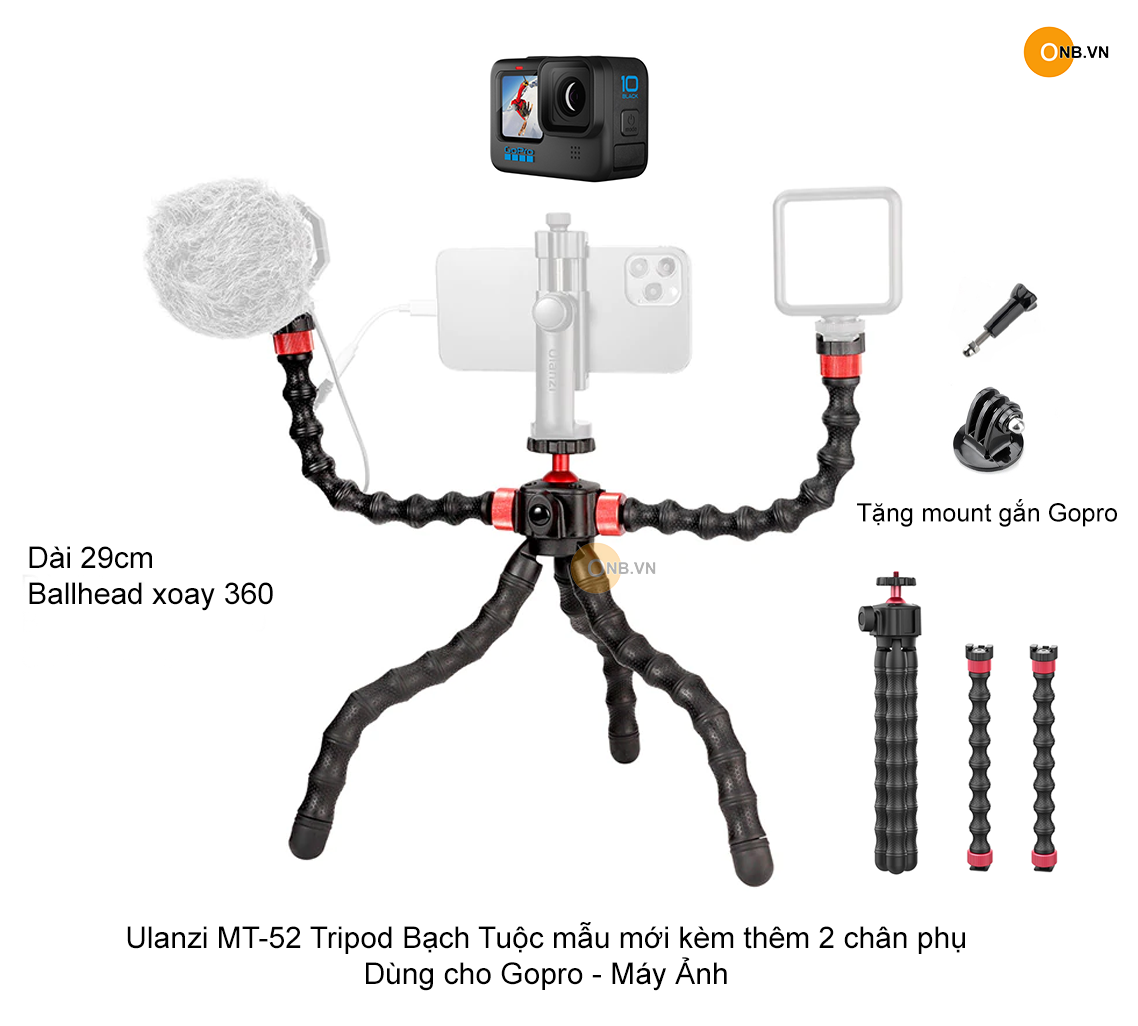 Ulanzi MT-52 Tripod Bạch Tuộc 23cm mẫu mới 2022 thêm 2 tay nối dài