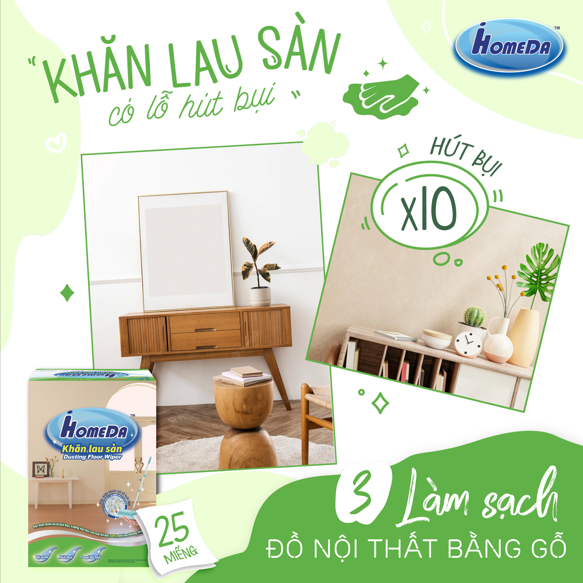 Combo 4 Tặng 1 Hộp Khăn lau sàn hút bụi tĩnh điện Ihomeda ( 25 khăn/ hộp) -  Combo 4 Free 1 iHomeda static dusting floor dry wipes ( 25 sheets/ box)