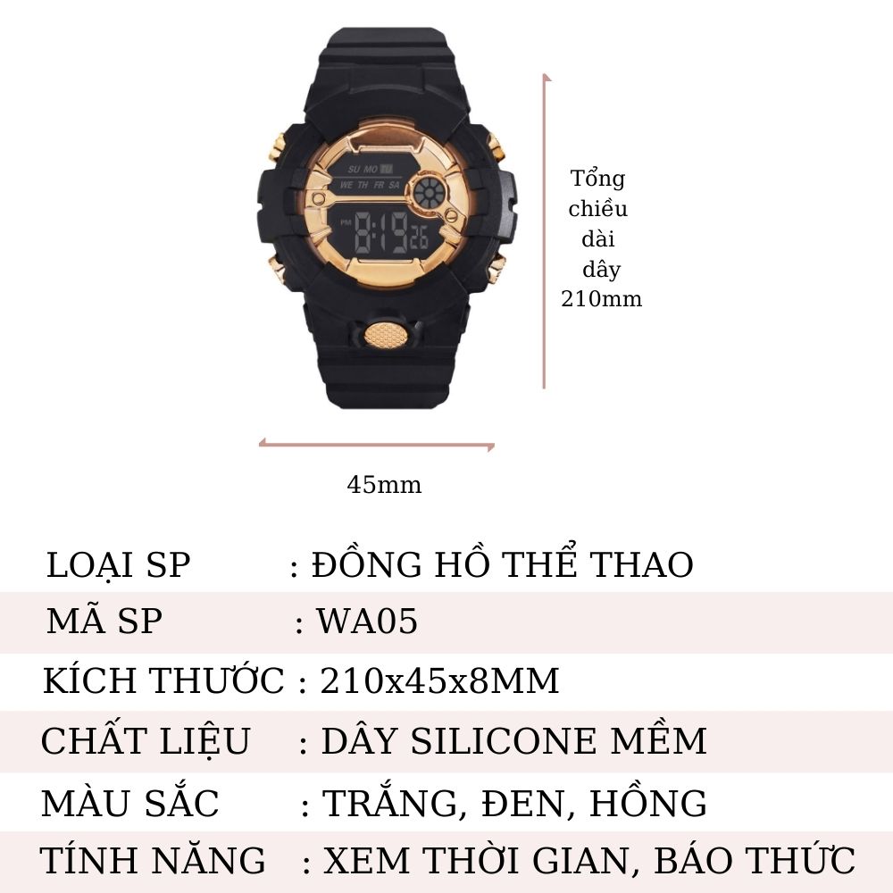 Đồng hồ thể thao điện tử nam nữ Pagini WA05 - Thiết kế Unisex khỏe khoắn, năng động - Đa chức năng báo thức, hiển thị lịch ngày giờ thứ, chống nước nhẹ