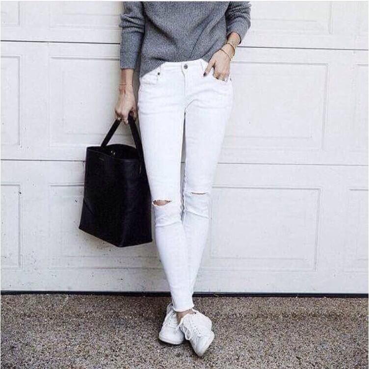 Quần Jeans Kaki Nữ Rách Gối Màu Trắng Thời Trang