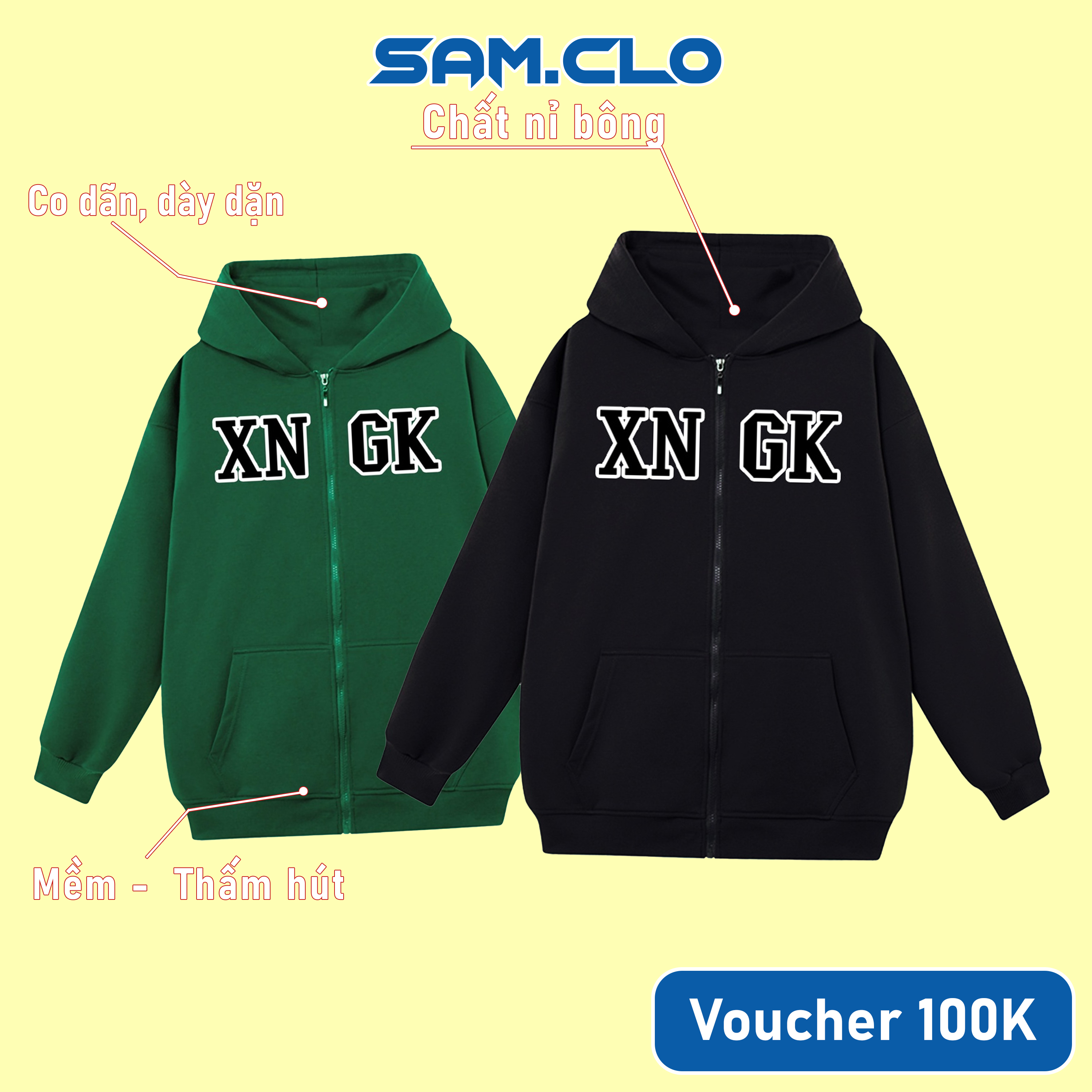 Áo khoác Hoodie Zip nam nữ SAM CLO có khóa kéo chất tay dài thu đông form rộng in chữ XNGK