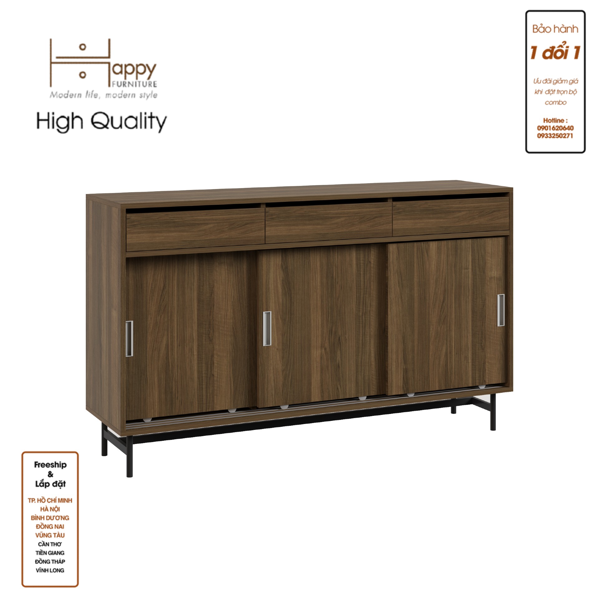 [Happy Home Furniture] LUCA, Tủ lưu trữ 3 cánh lùa - Chân sắt, 150cm x 40cm x 90cm ( DxRxC), TCL_016