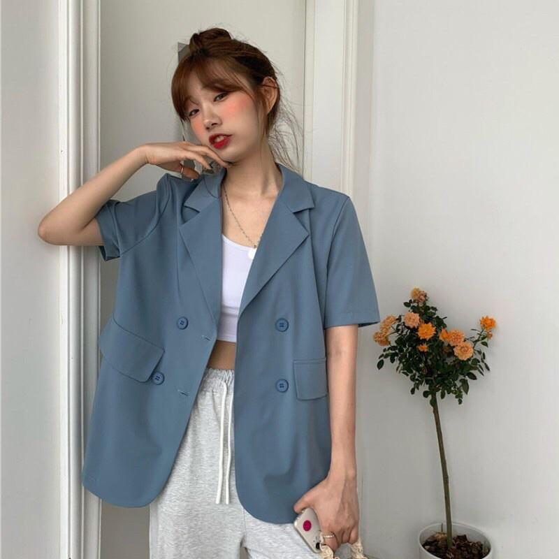 Áo khoác ngắn tay 1 lớp chất Ruby trượt Hàn Áo blazer cộc 5 màu hottrend túi giả Junnie Closet