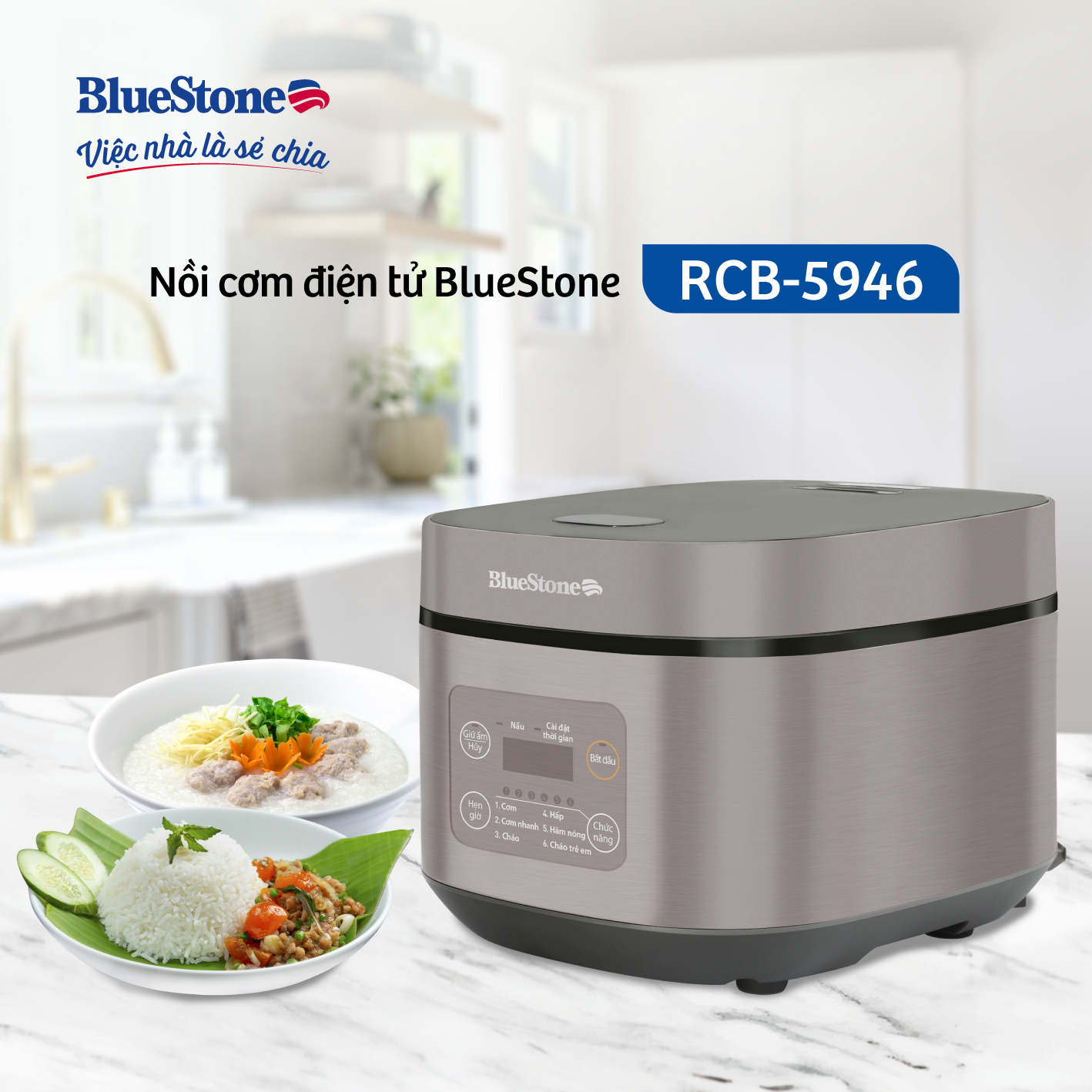 Nồi Cơm Điện Tử BlueStone RCB-5946 - Dung Tích 1,5 lít  - Công suất 860W - Lòng nồi phủ chống dính cao cấp an toàn sức khỏe - 6 chế độ cài đặt sẵn - Bảo hành 2 năm - Hàng chính hãng