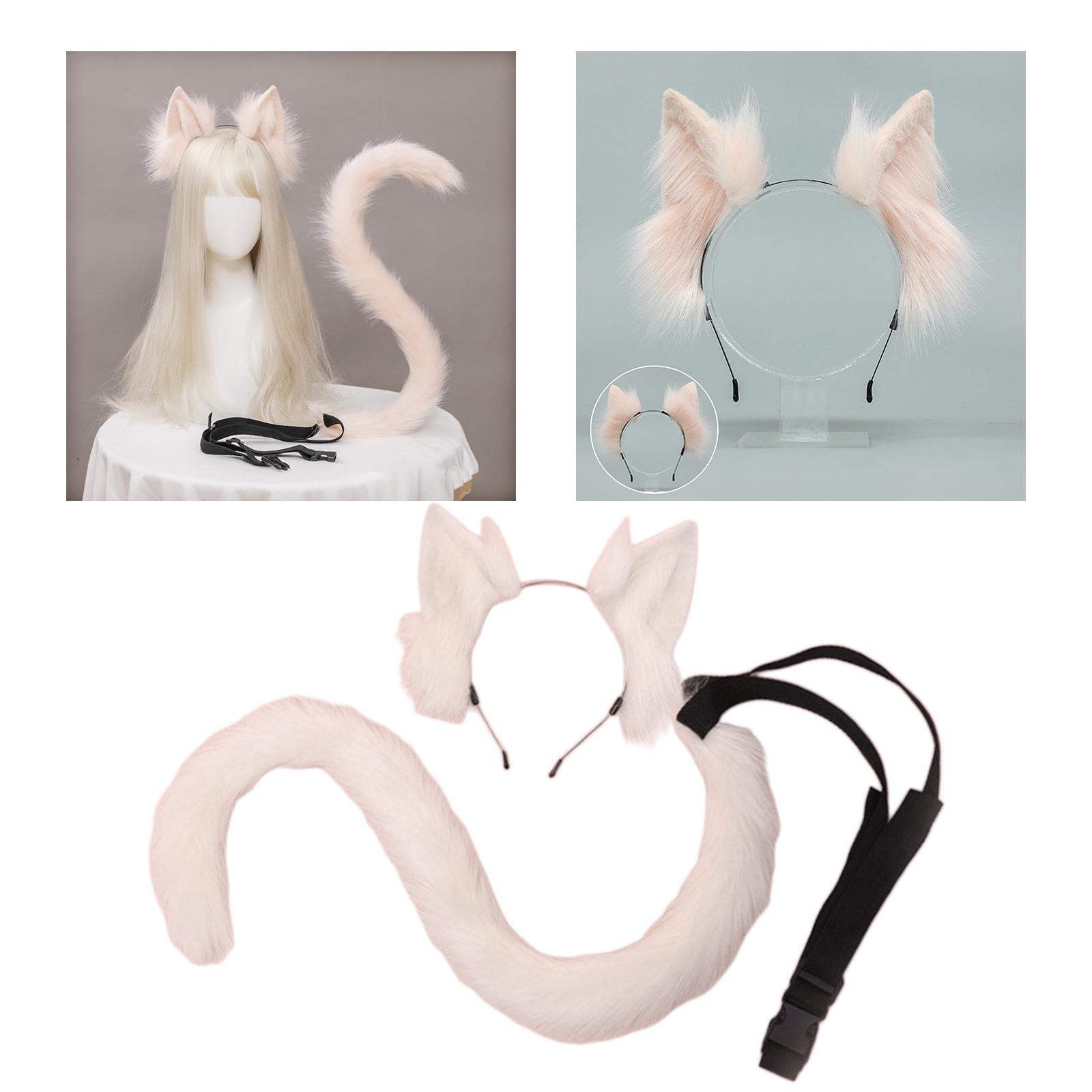 2 Pieces Plush Cat Ears Hair Hoop Faux Long Tail Women Girl Headwear Lovely Lolita Headband for Anime Cosplay Prop Christmas Fancy Dress