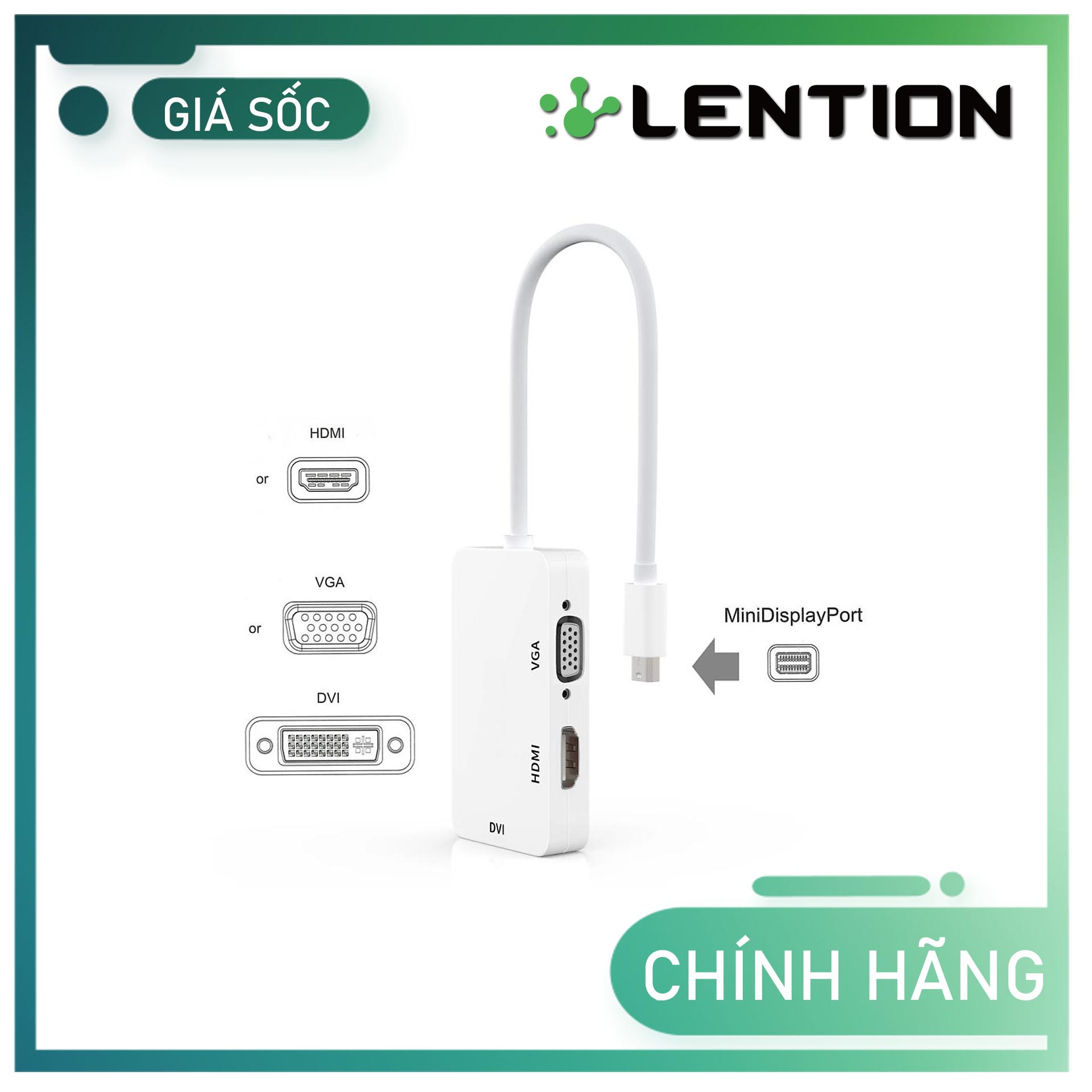 Bộ chuyển đổi 3 trong 1 Lention Mini DisplayPort to VGA/DVI/HDMI Hàng Chính Hãng