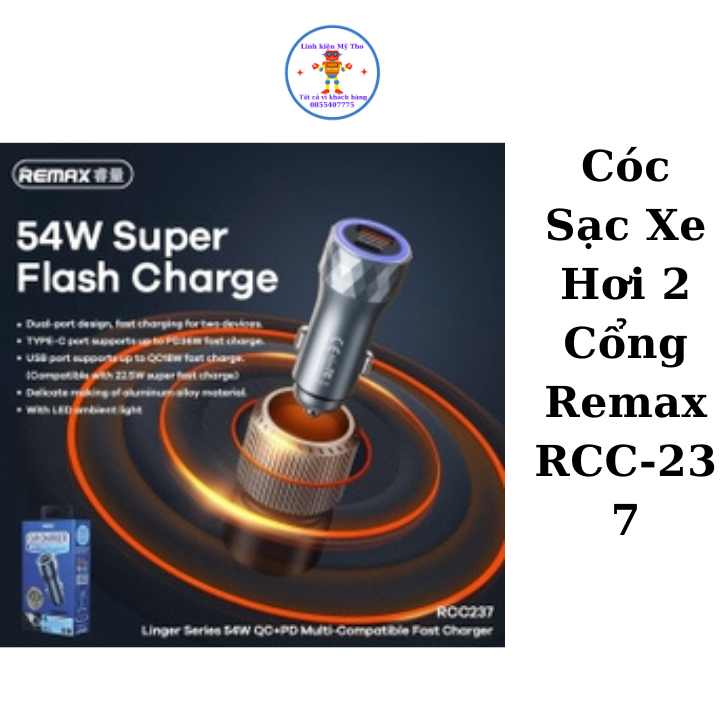 Cóc sạc xe hơi Re-max RCC-237 thiết kế sang trọng hỗ trợ công nghệ an toàn tốc độ sạc nhanh đáp ứng phần lớn các thiết bị