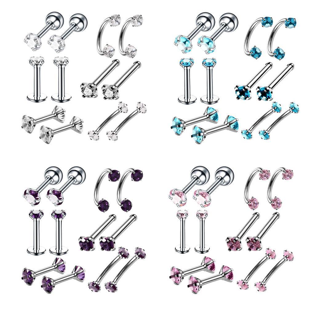 12pcs Stainless Steel Colored Zircon Lip Nose Nail Piercing Jewelry
