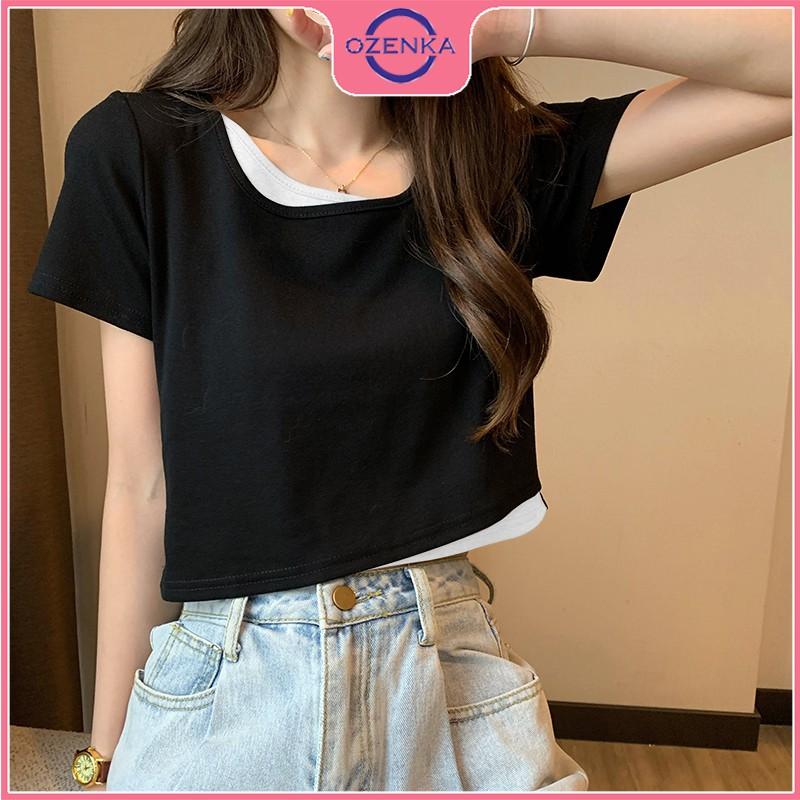 Áo croptop cổ vuông tay ngắn nữ ôm body cải màu xinh xắn chất thun gân cotton 100% nhiều màu một size dưới 50 kg 