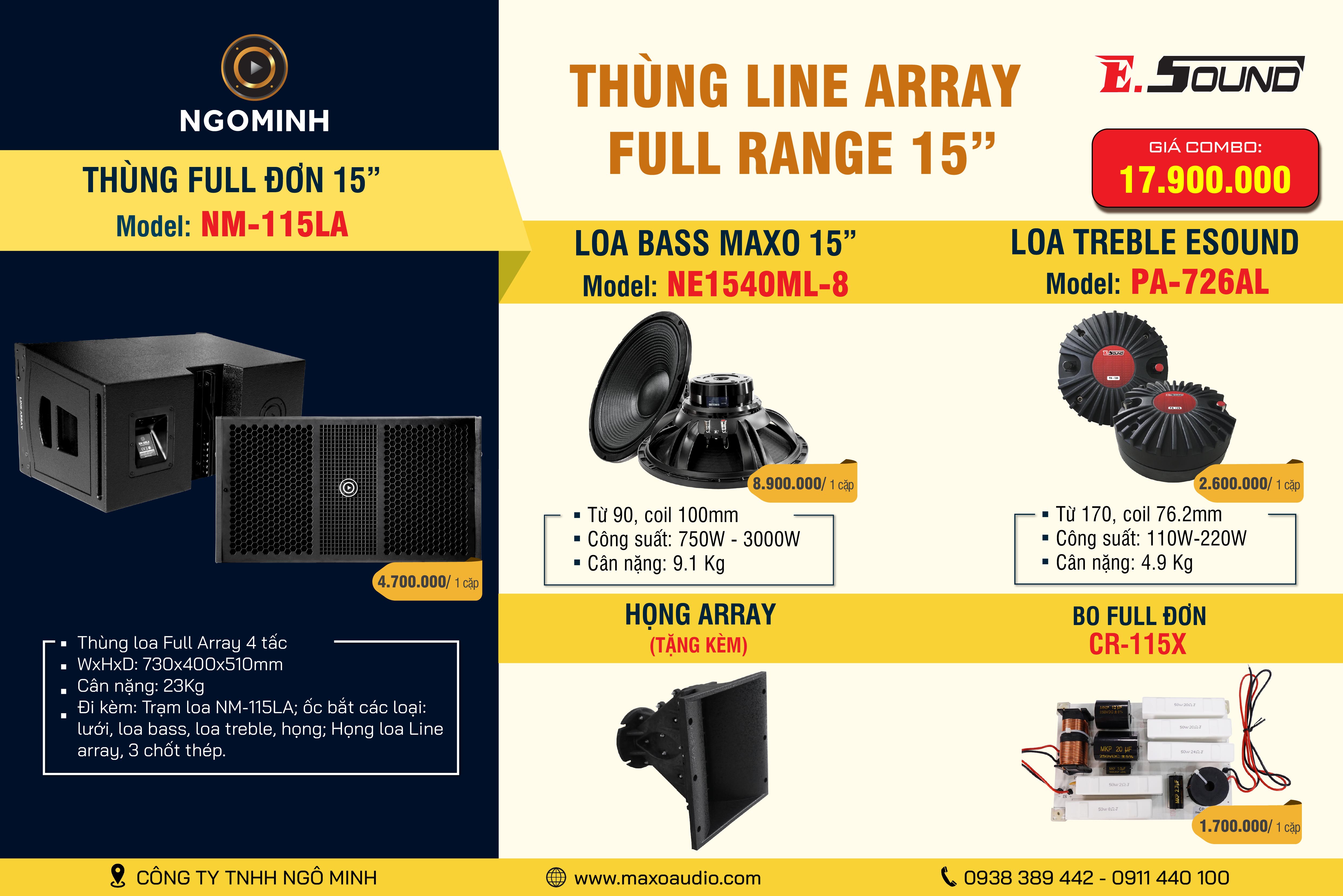 Loa Line Array Full Range 15" NM-115LA, NE1540ML-8, PA-726AL, Họng Array, CR-115X