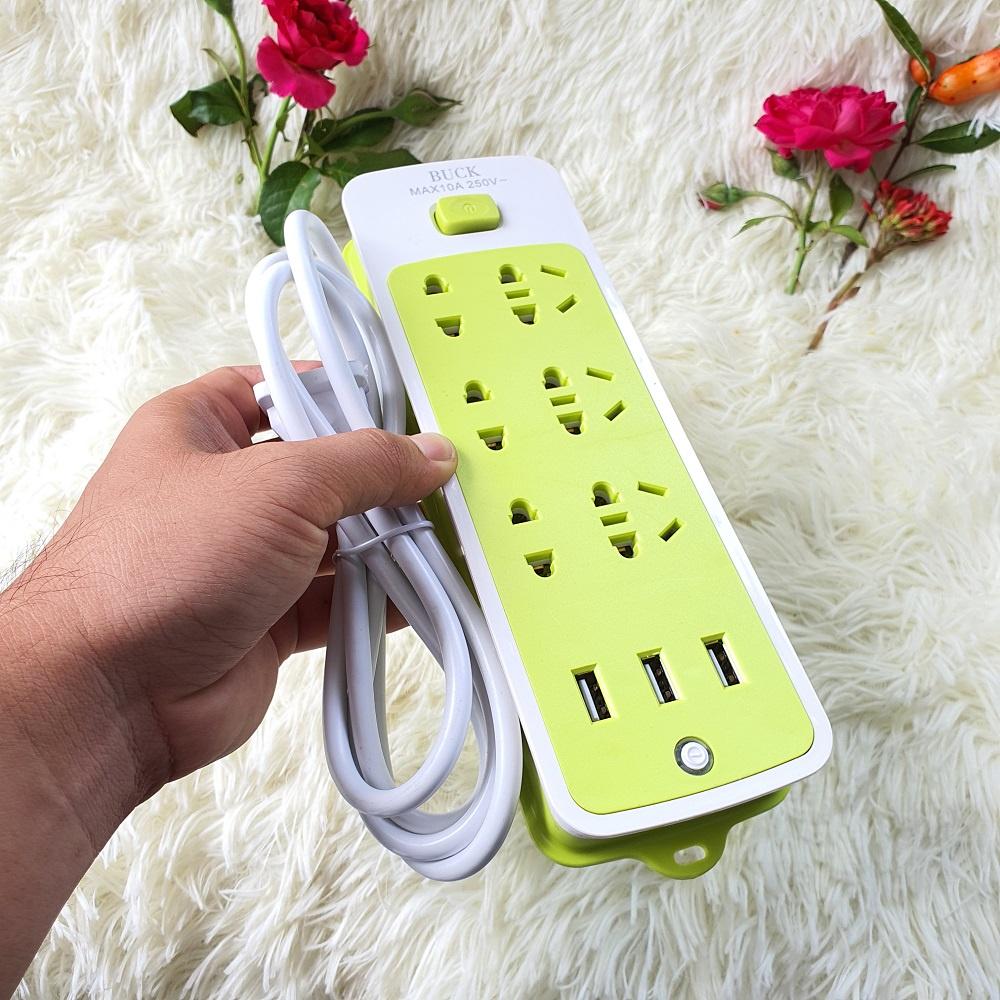 Ổ Cắm Điện Đa Năng Chống Giật Có 6 Ổ Cắm 3 Cổng USB Sạc Điện Thoại – Màu Xanh Lá Hàng Dây Điện Lớn, Ổ Dầy