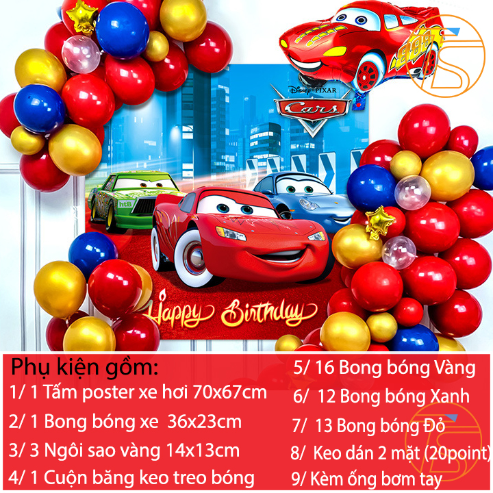 Sét bong bóng trang trí sinh nhật happy birthday cho bé vương quốc xe hơi - Bộ trang trí tiệc thôi nôi, đầy tháng cho trẻ