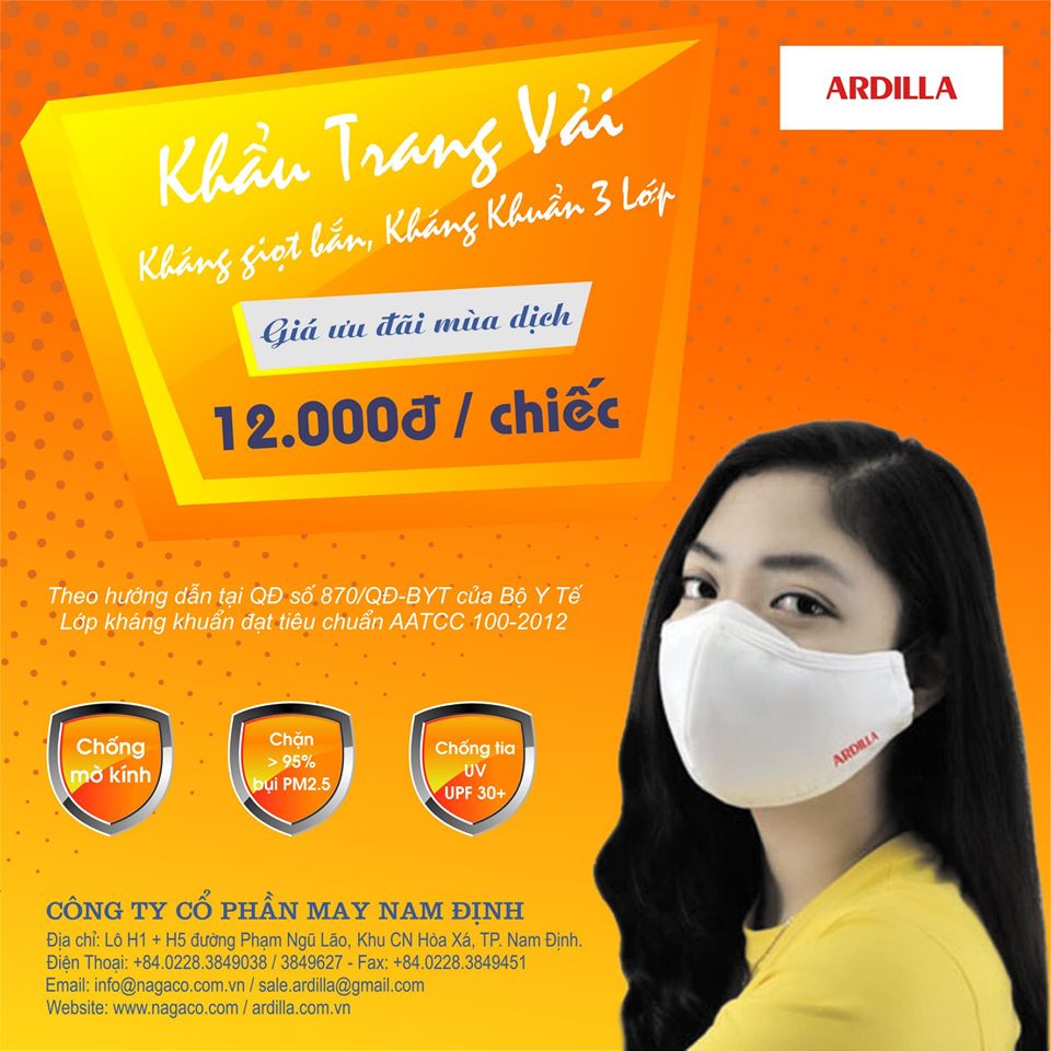 Khẩu Trang Vải Kháng Khuẩn ARDILLA 3 Lớp - Combo 3 Cái Màu Trắng