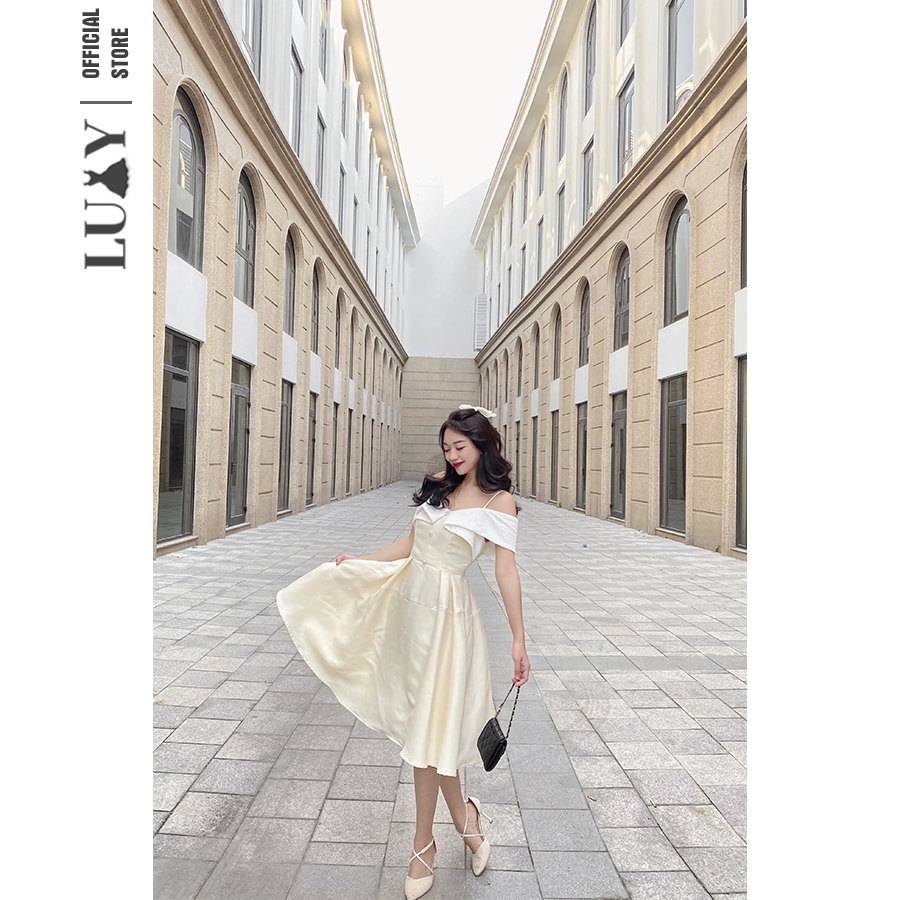 Váy 2 Dây Trễ Vai Luxy V30367, Chất Tafta Phối Vải Đính Cúc, Phong Cách Thanh Lịch