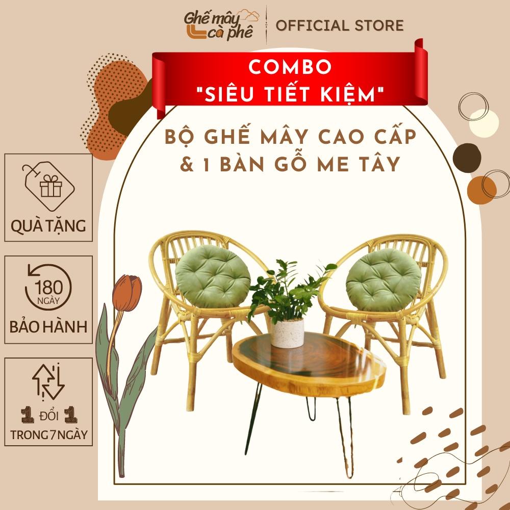 ( Combo siêu tiết kiệm) Bộ bàn ghế mây sò cao cấp kết hợp bàn gỗ Me Tây, phù hợp làm quán cafe / Ban công / Homestay