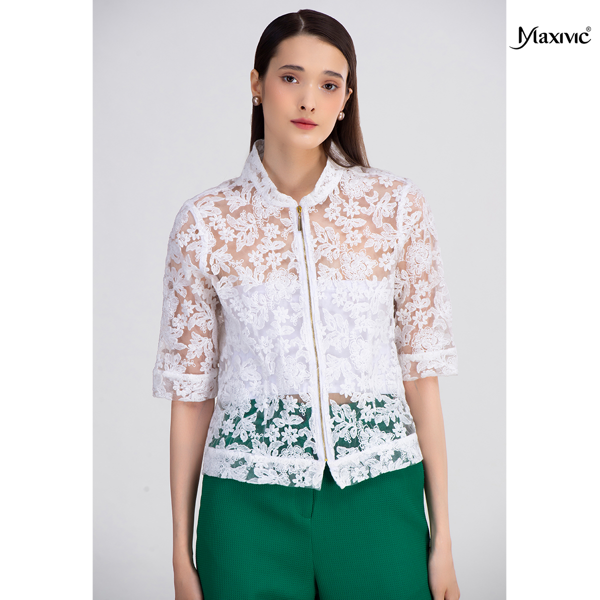 Áo ren organza cổ trụ Maxivic M032312