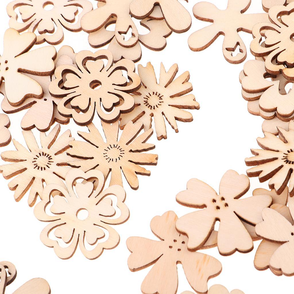 100 Pieces Novelty Wooden Shapes Wooden Gear Flower Shapes Craft Blank Natural Unfinished Cutout Shape Home Decoration