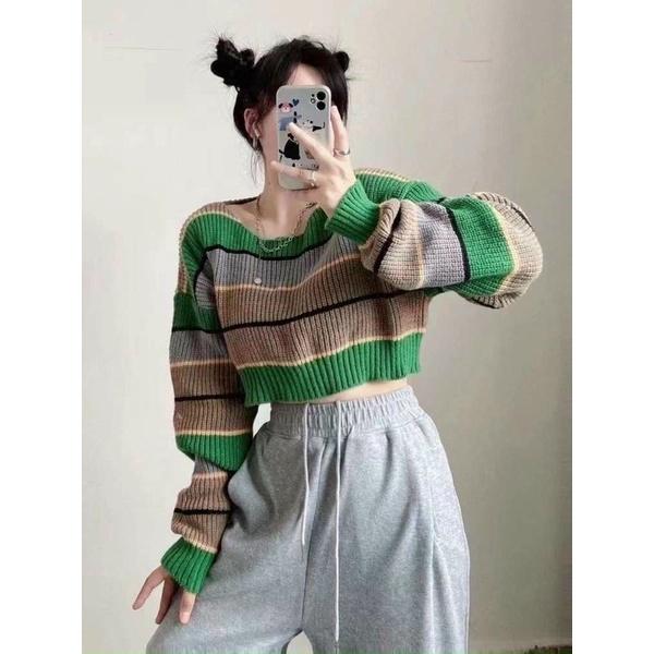 Áo len nữ dài tay kẻ xanh croptop hót hít