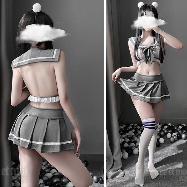 Cosplay nữ sinh Nhật Bản khoét ngực sexy quyến rũ váy xếp ly học sinh hở lưng đen xám đáng yêu BIKI HOUSE N770 - Hỏa Tốc