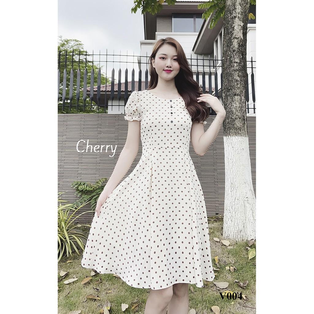 Đầm công sở chấm bi dáng đầm xòe có hai dây thắt eo tôn dáng, váy công sở ôm eo tôn body siêu đẹp - Cherry V004