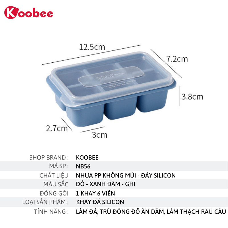 Khay đá khay trữ đông ăn dặm, làm thạch rau câu silicon dẻo 6 ngăn có nắp đậy - Bộ chia thức cho bé ăn dặm KooBee