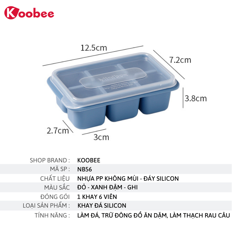 Khay đá khay trữ đông ăn dặm, làm thạch rau câu silicon dẻo 6 ngăn có nắp đậy - Bộ chia thức cho bé ăn dặm KooBee (NB56)