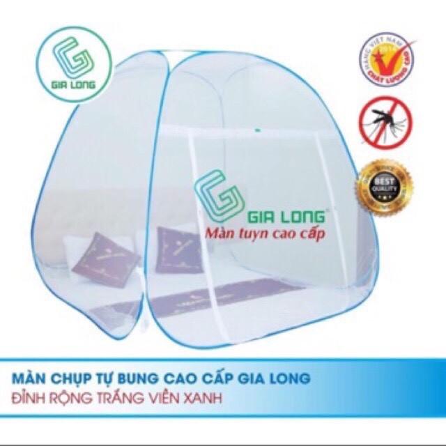 Màn chụp gấp gọn chống muỗi chân diềm hoa xanh đỉnh vuông Gia Long cao cấp, mùng chống muỗi đủ size.