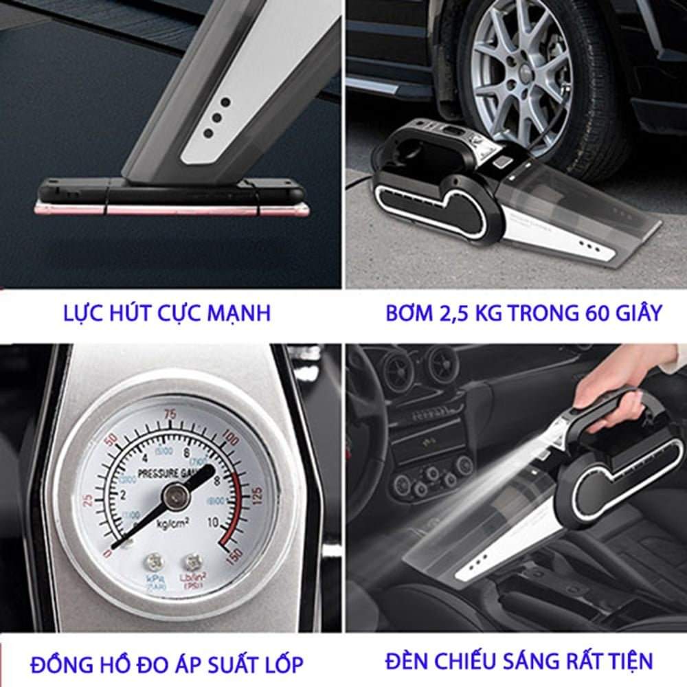 Máy hút bụi Ô tô 4 trong 1 cao cấp kiêm bơm lốp, đo áp suất lốp và đèn led chiếu sáng