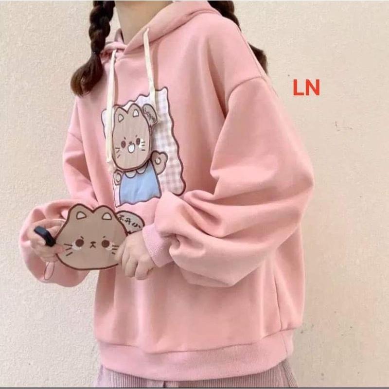 Áo hoodie mèo nâu ô vuông TH6