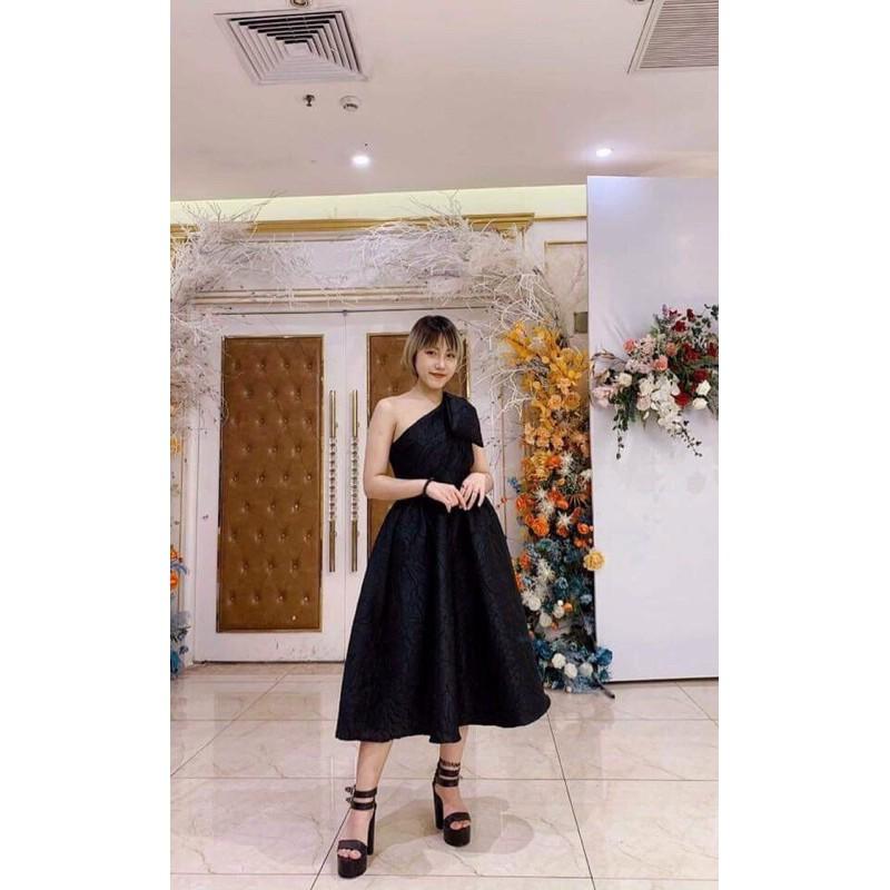 Kèm ảnhthật - ĐẦM XOÈ GẤM LỆCH NƠ VAI SANG TRỌNG - SIZE M/L đến 57kgMM MM