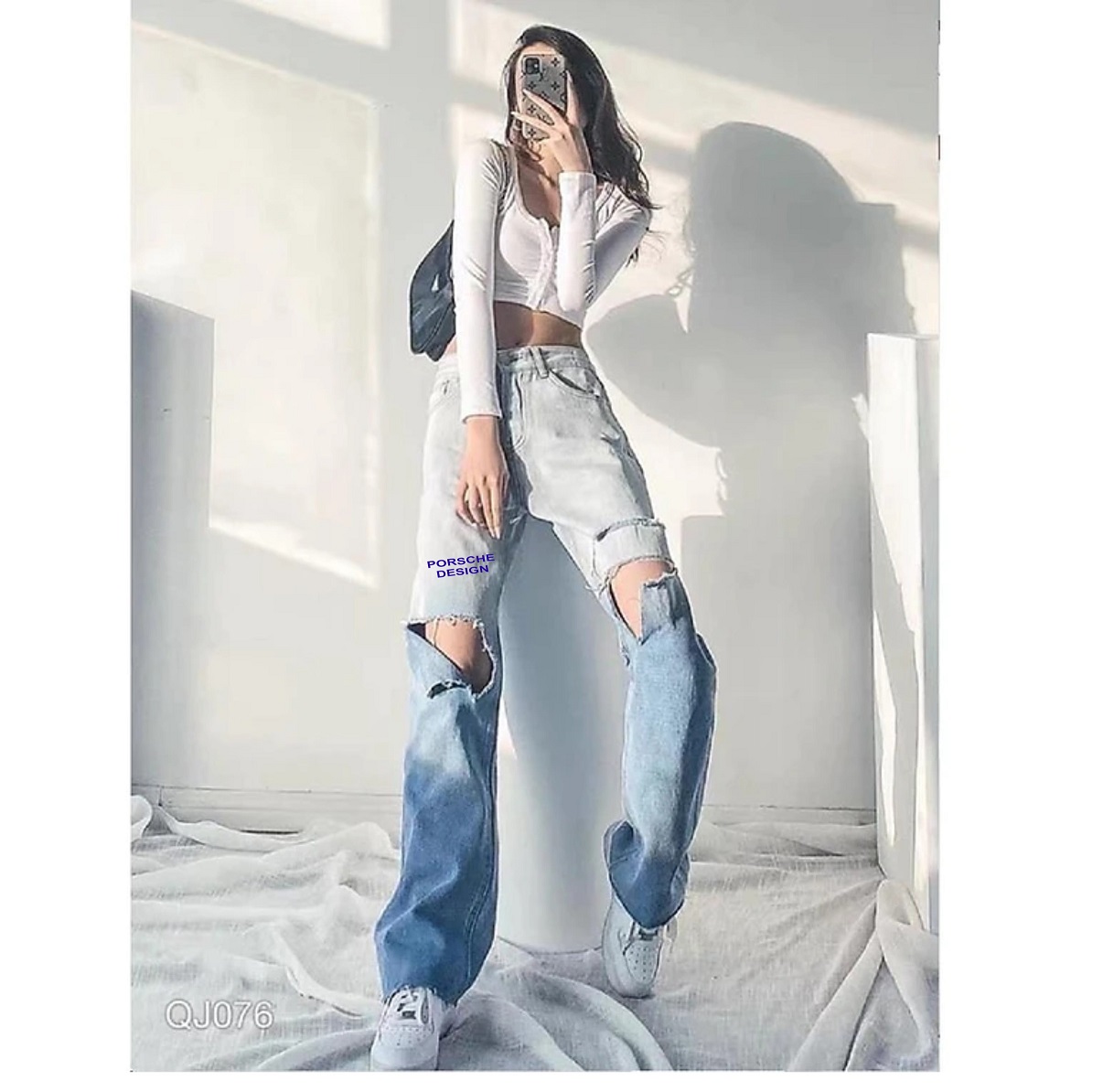 Quần jean baggy nữ loang màu cạp cao phong cách ulzzang - Quần bò baggy lưng cao loang màu rách gối