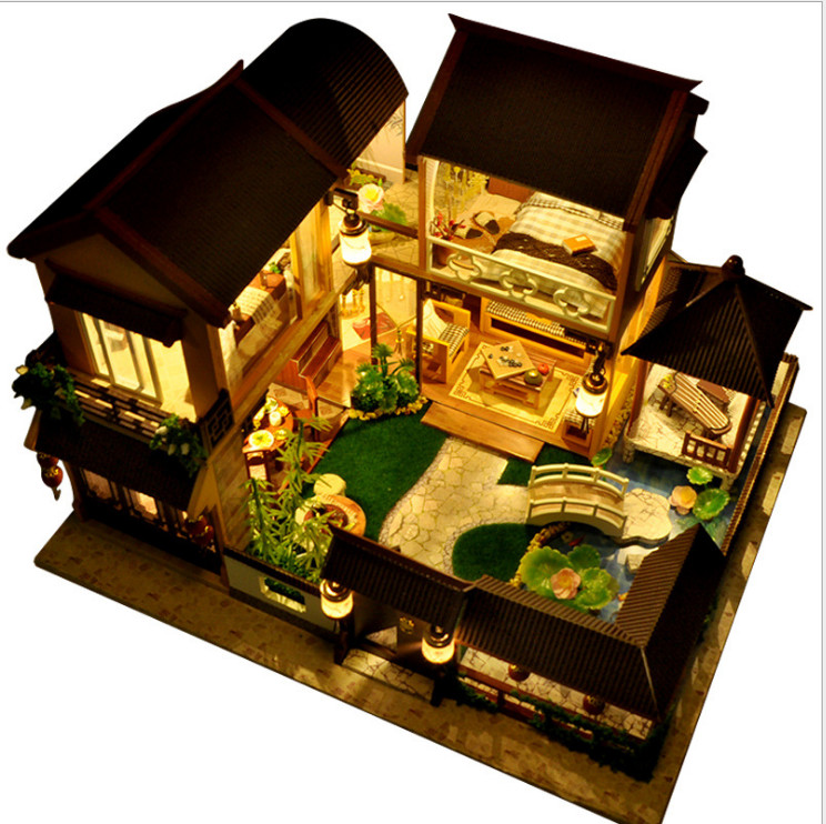 Mô hình nhà DIY Doll House Lotus Pond Moonlight Kèm Hộp nhạc và Mica Chống bụi