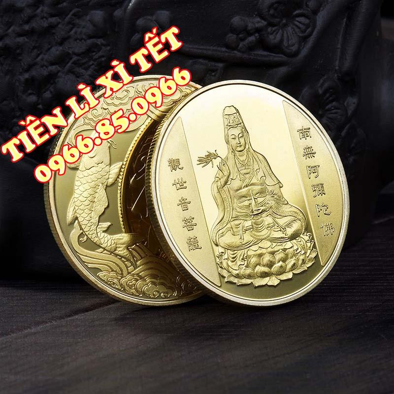 Bao lì xì Ti.ền 2023 Đồng Xu Quan Âm-Cá Chép Mạ Vàng Tặng Kèm Túi Gấm Tài Lộc May Mắn CTMSC000180