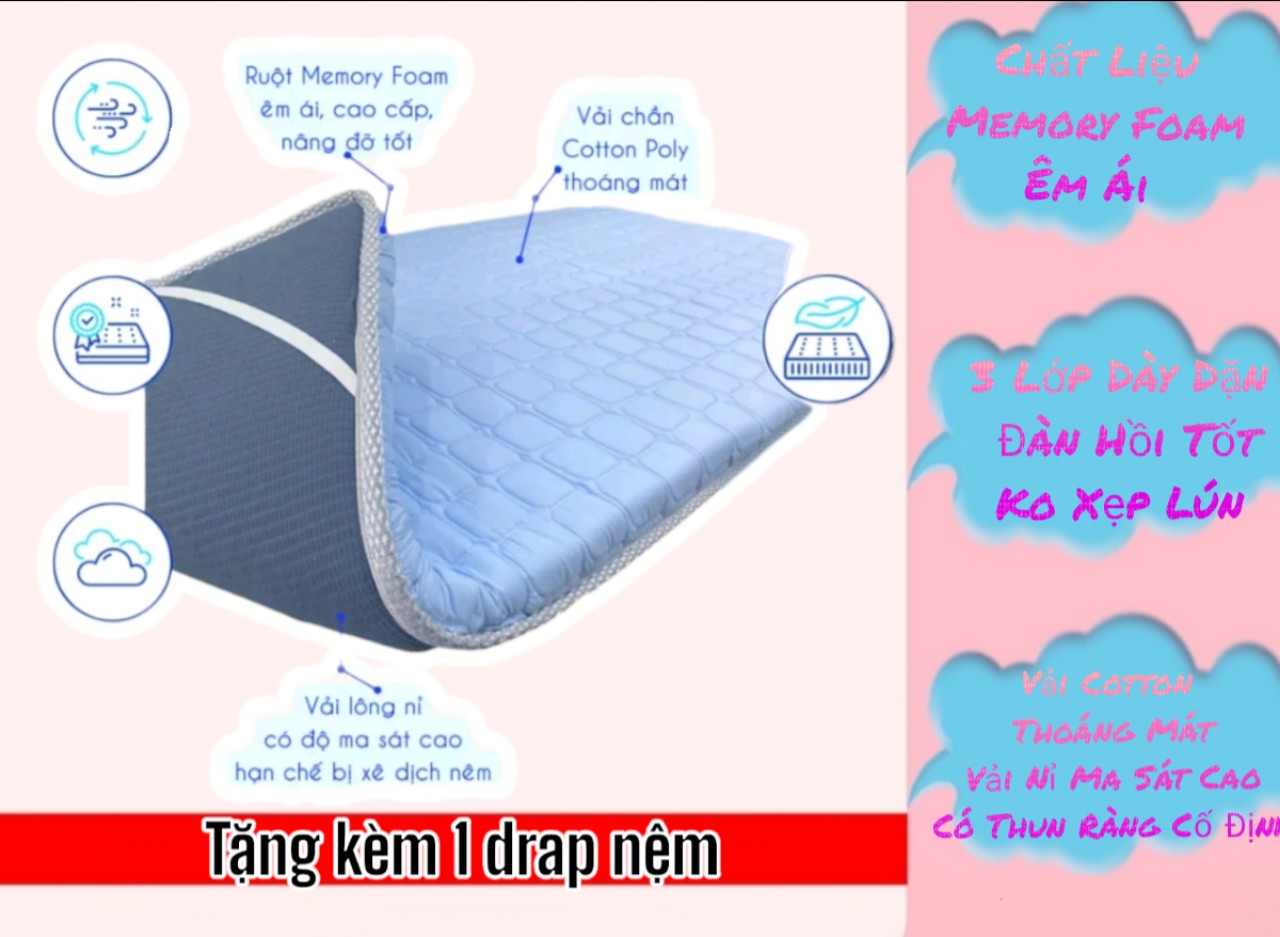Nệm Topper nệm Foam Kingroll cao cấp dày 5cm đủ kích thước có thun ràng - Đàn hồi nâng đỡ và êm ái